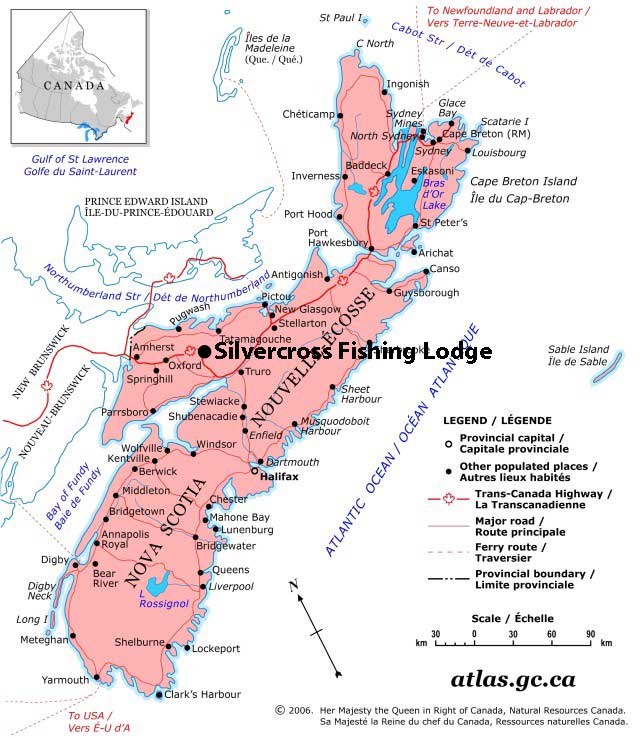 Map of Nova Scotia showing where Silver Cross Fishing Lodge is located